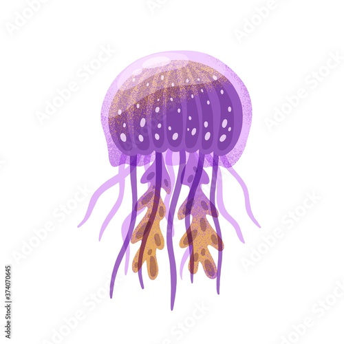 Cartoon purple jellyfish vector flat illustration. Colorful marine animal or sea jelly with tentacles isolated on white background. Ocean fauna, aquatic creature. Natural exotic water dweller