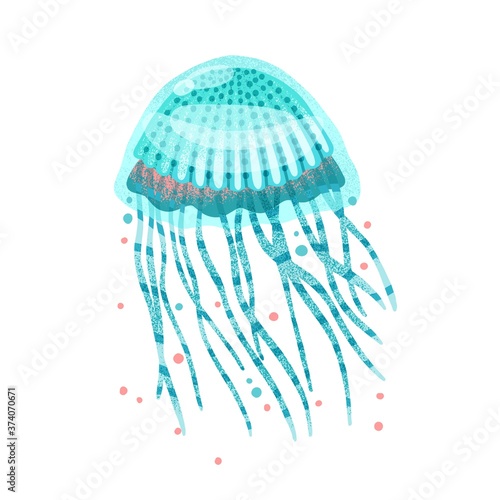Bright blue textured jellyfish with tentacles and design elements vector flat illustration. Colorful natural aquatic inhabitant isolated on white background. Beautiful tropical underwater dweller