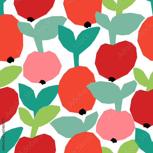 Vector seamless pattern in applique style with ripe red apples