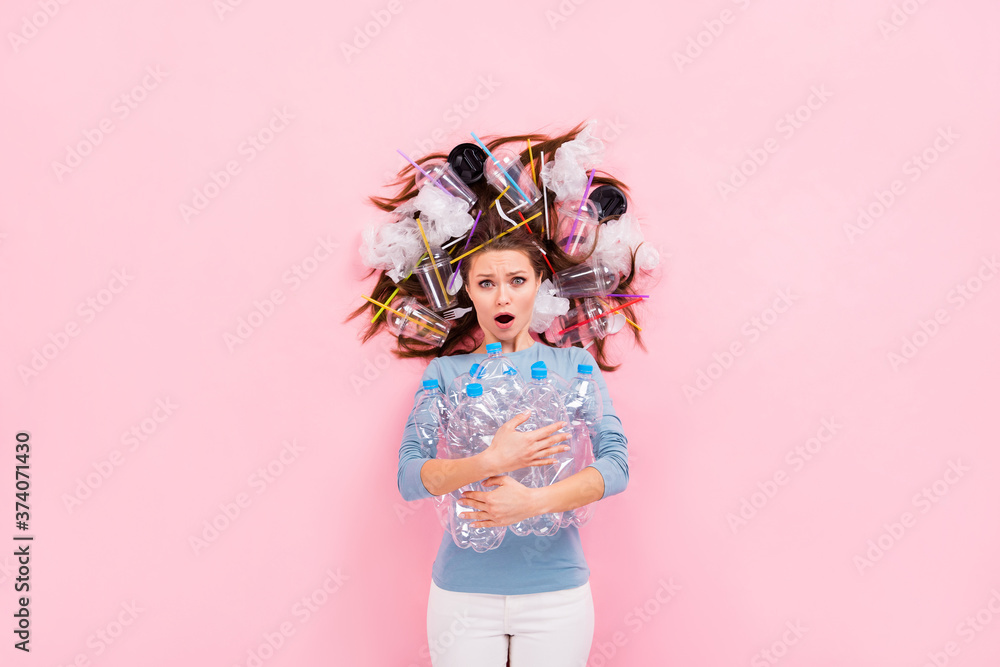 Top view above high angle flat lay flatlay lie concept of her she puzzled girl holding in hands junk disaster change decision solution reason cause result isolated on pink pastel color background