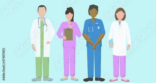 A team of doctors and nurses in uniform, hospital medical staff with stethoscopes in different positions.  The concept of medical care and assistance to people. Vector flat illustration.