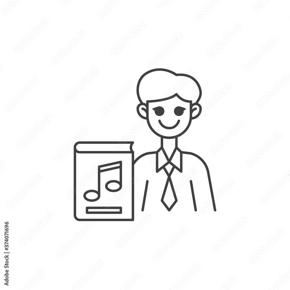 Music teacher line icon. linear style sign for mobile concept and web design. Man teacher with music book outline vector icon. Symbol, logo illustration. Vector graphics Music teacher line icon. linear style sign for mobile concept and web design. Man teacher with music book outline vector icon. Symbol, logo illustration. Vector graphics