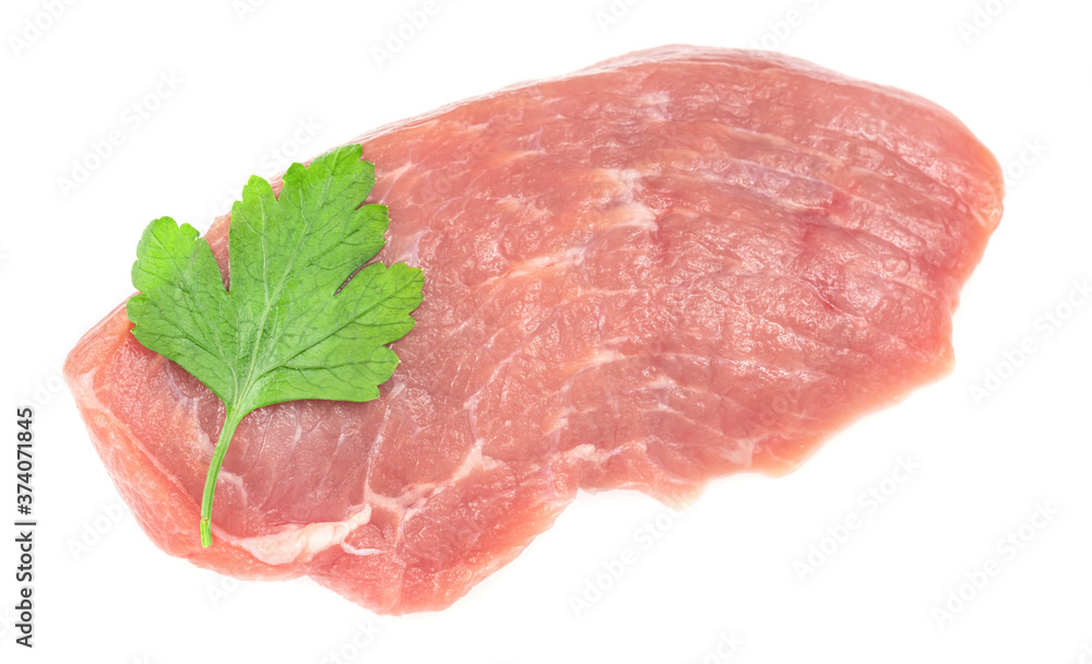 Slice of raw pork meat isolated on white background. schnitzel. steak. meat tenderloin Slice of raw pork meat isolated on white background. schnitzel. steak. meat tenderloin