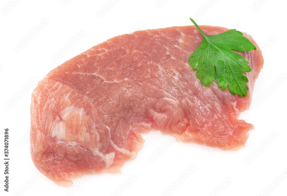 Slice of raw pork meat isolated on white background. schnitzel. steak. meat tenderloin Slice of raw pork meat isolated on white background. schnitzel. steak. meat tenderloin