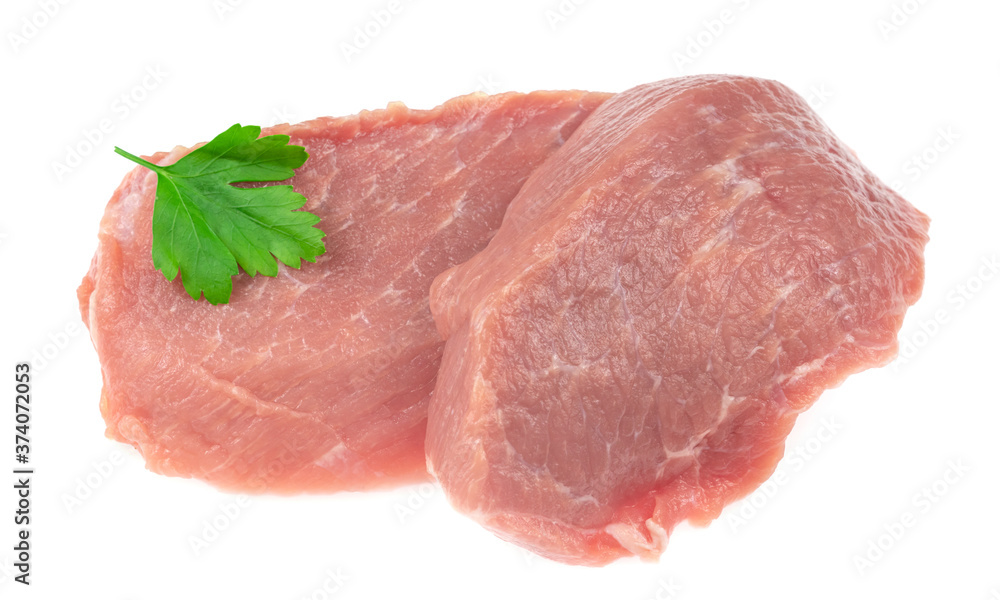 Slice of raw pork meat isolated on white background. schnitzel. steak. meat tenderloin Slice of raw pork meat isolated on white background. schnitzel. steak. meat tenderloin