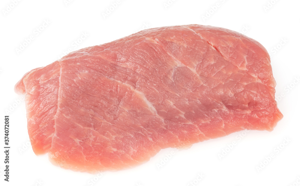 Slice of raw pork meat isolated on white background. schnitzel. steak. meat tenderloin