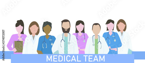 A team of doctors and nurses in uniform, hospital medical staff with stethoscopes in different positions.  The concept of medical care and assistance to people. Vector flat illustration.