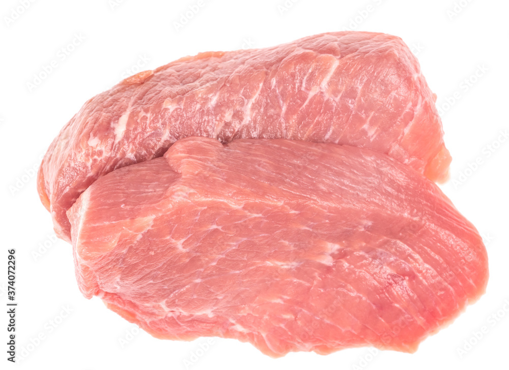 Slice of raw pork meat isolated on white background. schnitzel. steak. meat tenderloin Slice of raw pork meat isolated on white background. schnitzel. steak. meat tenderloin