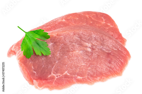 Slice of raw pork meat isolated on white background. schnitzel. steak. meat tenderloin