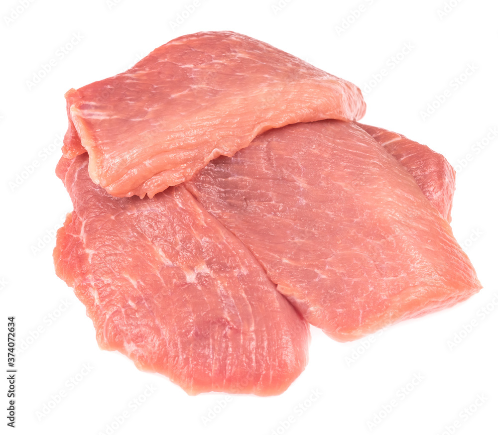 Slice of raw pork meat isolated on white background. schnitzel. steak. meat tenderloin Slice of raw pork meat isolated on white background. schnitzel. steak. meat tenderloin