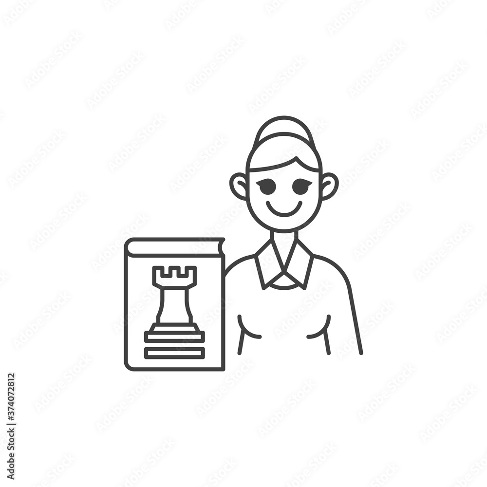 Chess teacher line icon. linear style sign for mobile concept and web design. Woman teacher with chess book outline vector icon. Symbol, logo illustration. Vector graphics