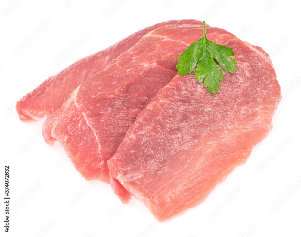 Slice of raw pork meat isolated on white background. schnitzel. steak. meat tenderloin Slice of raw pork meat isolated on white background. schnitzel. steak. meat tenderloin
