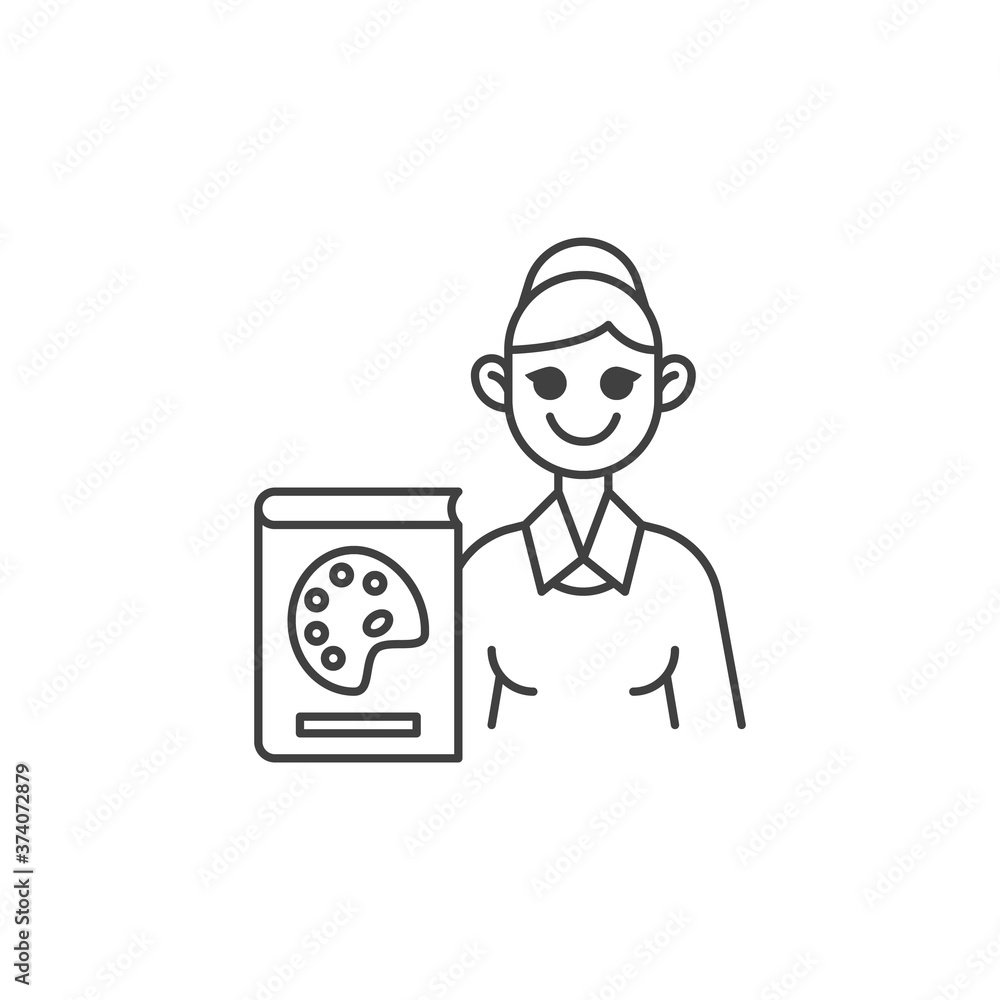 Art teacher line icon. linear style sign for mobile concept and web design. Woman teacher with art book outline vector icon. Symbol, logo illustration. Vector graphics Art teacher line icon. linear style sign for mobile concept and web design. Woman teacher with art book outline vector icon. Symbol, logo illustration. Vector graphics