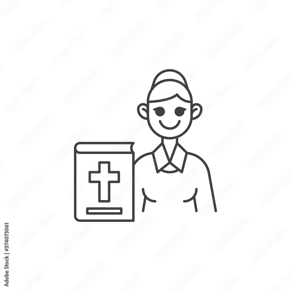 Religious teacher line icon. linear style sign for mobile concept and web design. Woman teacher with bible book outline vector icon. Symbol, logo illustration. Vector graphics Religious teacher line icon. linear style sign for mobile concept and web design. Woman teacher with bible book outline vector icon. Symbol, logo illustration. Vector graphics
