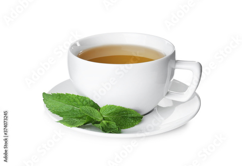 Cup with hot aromatic mint tea isolated on white