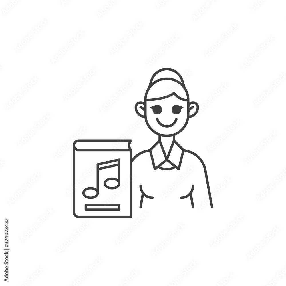 Music teacher line icon. linear style sign for mobile concept and web design. Woman teacher with music book outline vector icon. Symbol, logo illustration. Vector graphics