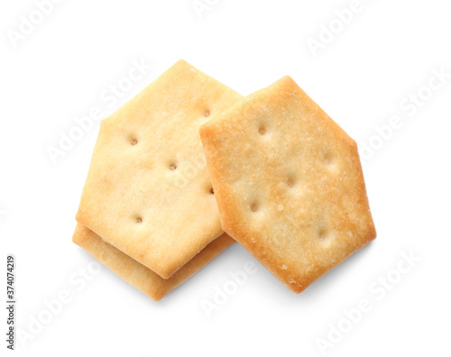 Crispy crackers isolated on white, above view. Delicious snack
