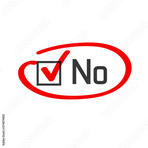 No vote poll answer vector check box circled or highlighted with red felt tip pen marker, concept of disagree choice check mark selected, corrected tick encircle, motivation checklist element