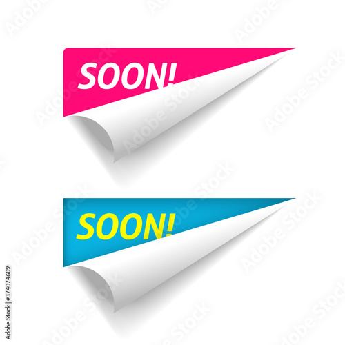 Coming soon banner on corner peel flip paper fold vector, new product release advertising folded sticker, twisted up advertising and promotional message blue red color