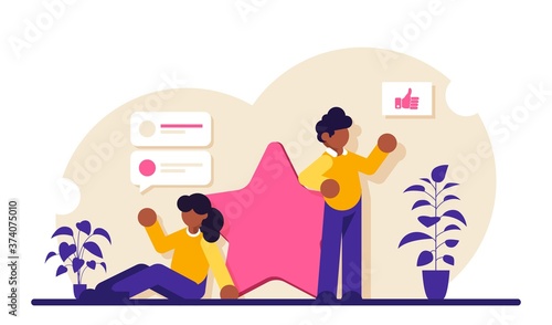 People leave feedback and comments with a score of five being the highest. Evaluation of a product or service. A person shares his opinion. Modern flat illustration.