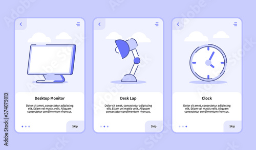 Desktop monitor desk lamp clock onboarding screen for mobile apps template banner page UI with three variations modern flat outline style.