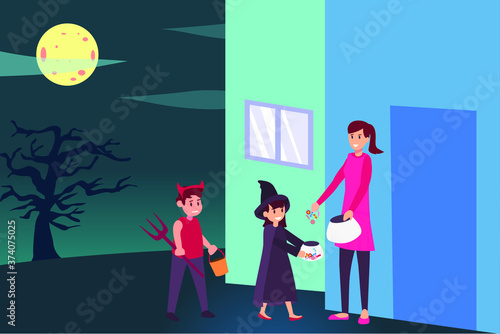 Trick or treat vector concept: two happy children wearing Halloween costumes while asking for candies to the woman