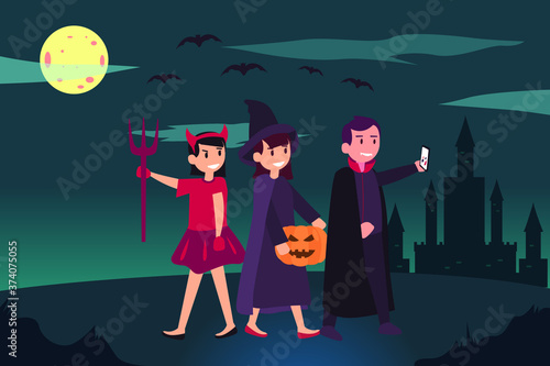 Trick or treat vector concept: group of happy children wearing Halloween costumes and carrying pumpkin baskets while taking a selfie together