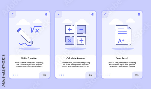 Write equation calculate answer exam result onboarding screen for mobile apps template banner page UI with three variations modern flat outline style