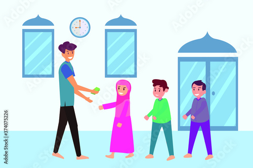 Orphanage aid vector concept: happy Muslim man giving money papers to the orphans
