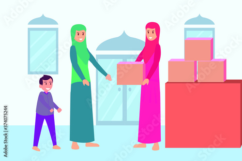 Orphanage aid vector concept: happy Muslim woman giving donation boxes to the orphanage
