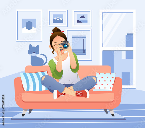 young girl taking a picture with digital camera in living room vector illustration