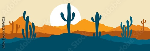 Abstract landscape with cactus / Vector illustration, narrow background, twilight in mexico