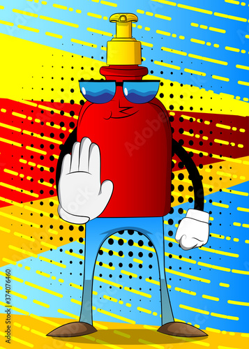 Cartoon bottle of hand sanitizer gel with face showing deny or refuse hand gesture.