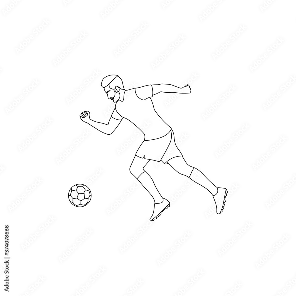 Young male football or soccer player dribbling ball line art. Sports match concept. Athlete linear icon sign or symbol. Sport game element. Professional footballer in action - Vector illustration.