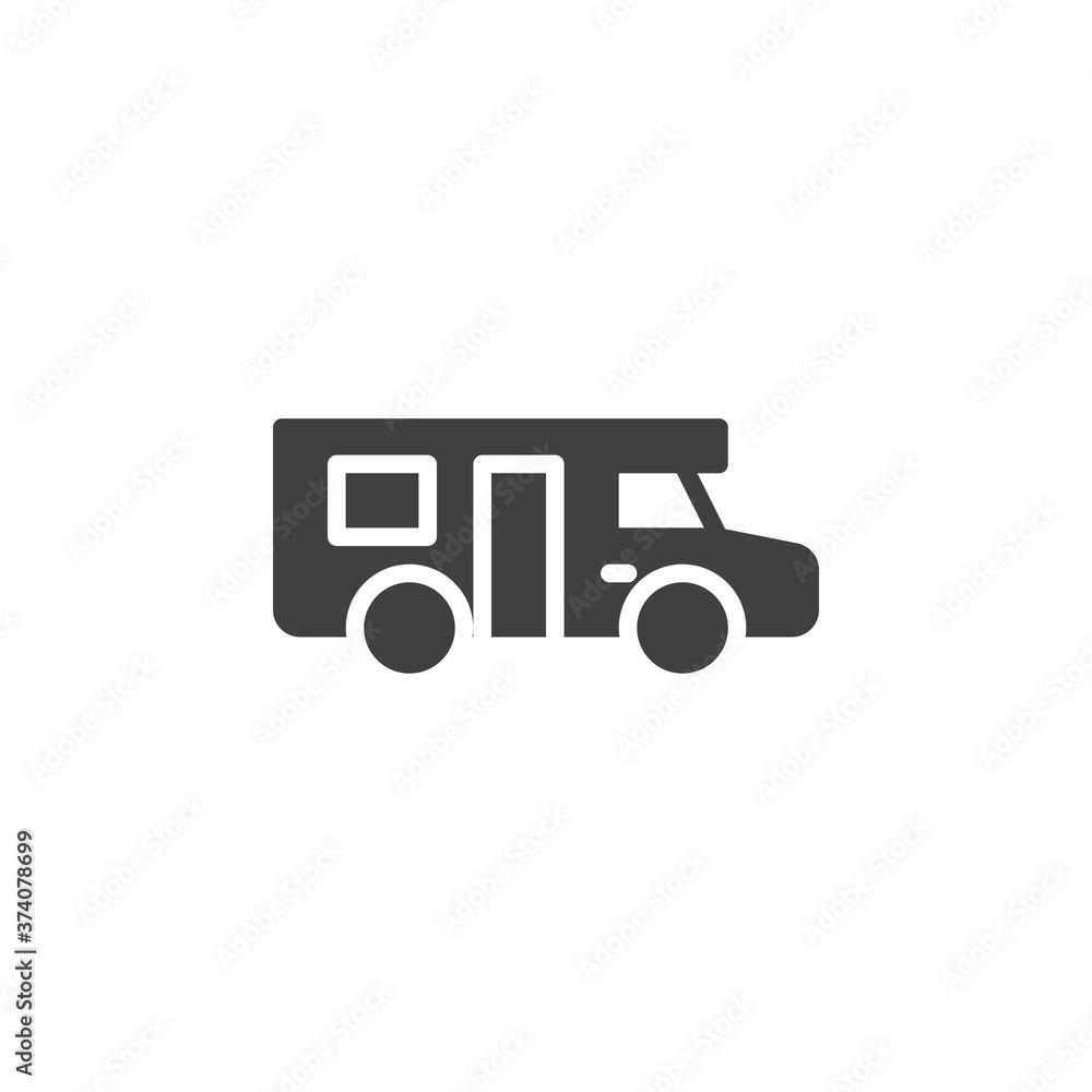 Fototapeta premium Camper trailer vector icon. filled flat sign for mobile concept and web design. Caravan car, trailer glyph icon. Symbol, logo illustration. Vector graphics