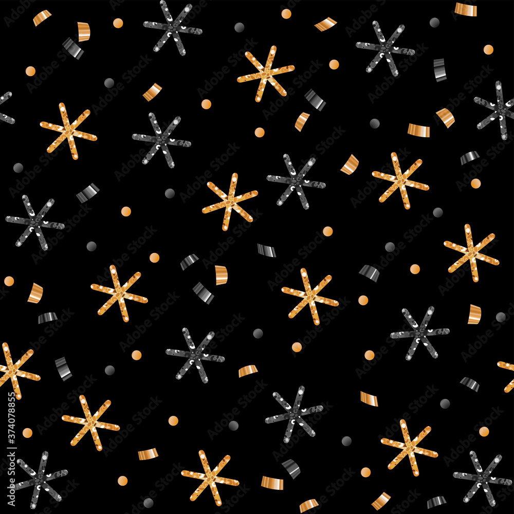 Seamless pattern with gold abd black Christmas decor - snowflakes, serpentine and foil confetti on light background. Seamless pattern with gold abd black Christmas decor - snowflakes, serpentine and foil confetti on light background.