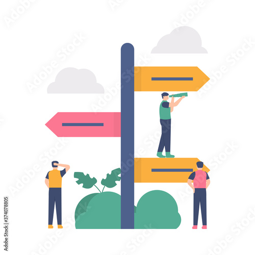concept of choice, getting lost, brainstorming. illustration of a team working together to find a right path. design. can be used for elements, landing pages, UI, websites.
