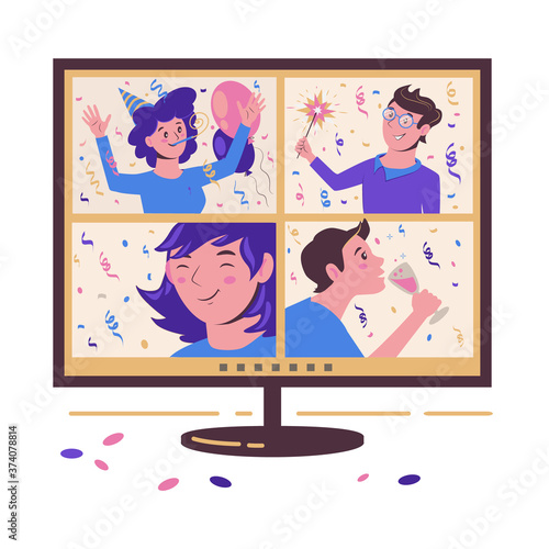 Online party with friends. Celebrating birthday, Christmas and new year on the Internet. Festive table with a monitor. Vector flat illustration isolated on white background.