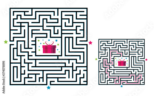 Square maze labyrinth game for kids. Labyrinth logic conundrum. Three entrance and one right way to go. Vector flat illustration isolated on white background.