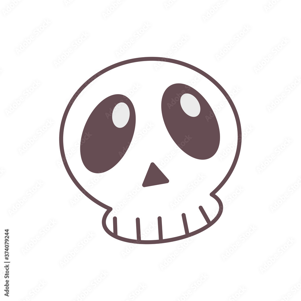 Fototapeta premium Cute halloween skull, icon emoji element on white silhouette. Decoration for logo, card and any design. Vector illustration about holiday.