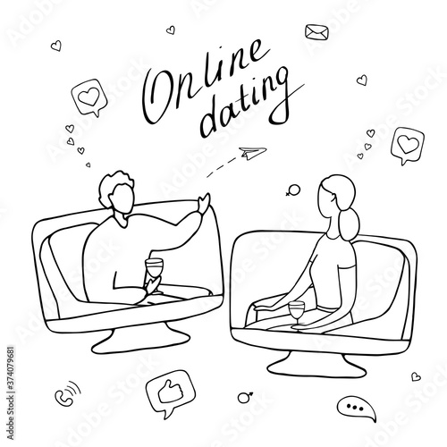 Online dating concept. Young woman and man talking online. Couple met on dating site and communicate on Internet. Long distance relationships, international couples. Computer monitors with people