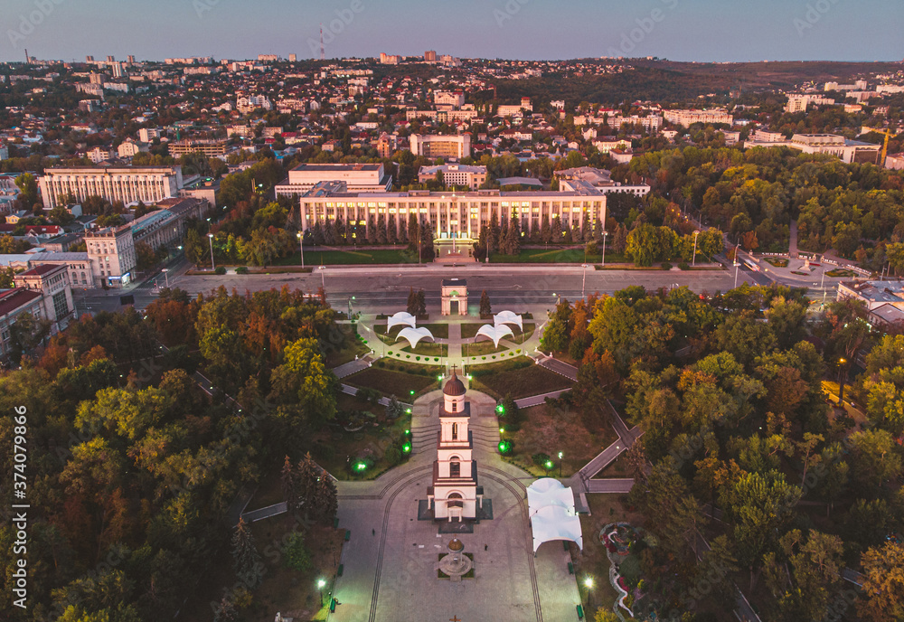 Triumphal Arch and Government building in central Chisinau, Moldova, 2020. Aerial view