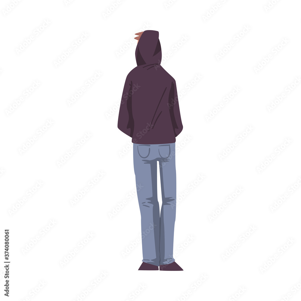 Back View of Guy in Hood, Teenage Boy Viewed from Behind Wearing Casual Clothes Standing with Hands in his Pockets Cartoon Style Vector Illustration