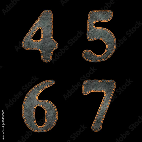 Set of numbers 4, 5, 6, 7 made of leather. 3D render font with skin texture isolated on black background.