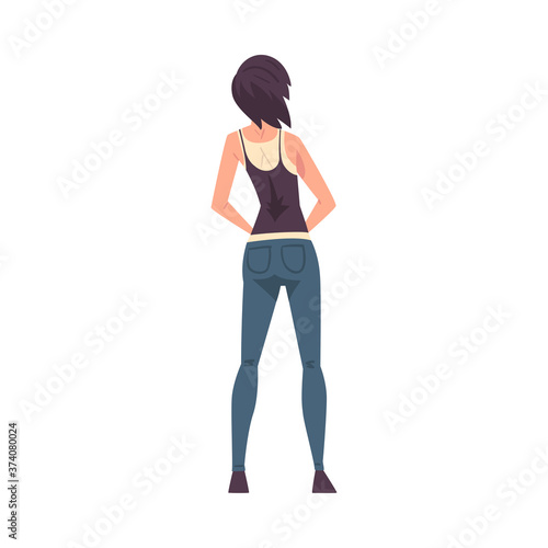 Back View of Slim Brunette Girl, Young Woman Viewed from Behind Wearing Tank Top and Jeans and Looking at Something Cartoon Style Vector Illustration