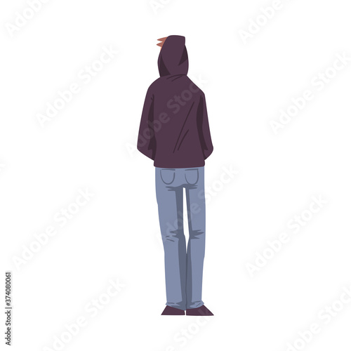 Back View of Guy in Hood, Teenage Boy Viewed from Behind Wearing Casual Clothes Standing with Hands in his Pockets Cartoon Style Vector Illustration