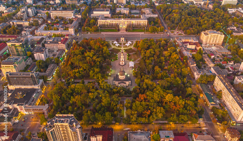 Triumphal Arch and Government building in central Chisinau, Moldova, 2020. Aerial view