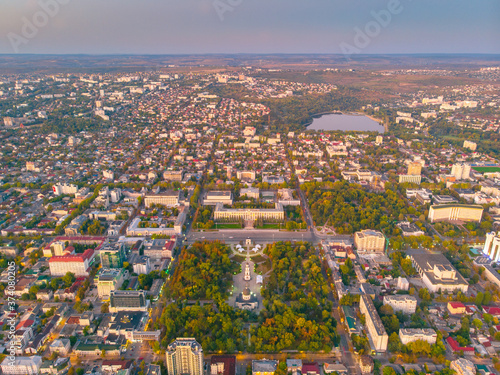 Triumphal Arch and Government building in central Chisinau, Moldova, 2020. Aerial view