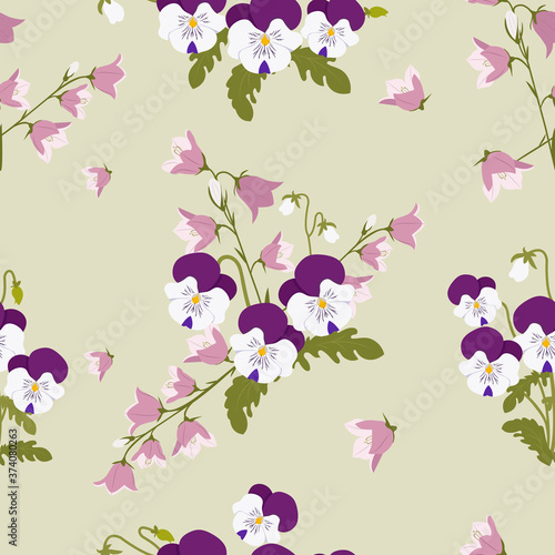 Seamless vector illustration with pansies and campanula.