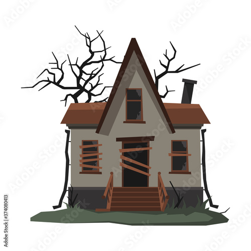 Scary Abandoned House with Boarded Up Windows, Halloween Haunted Small Cottage Vector Illustration on White Background